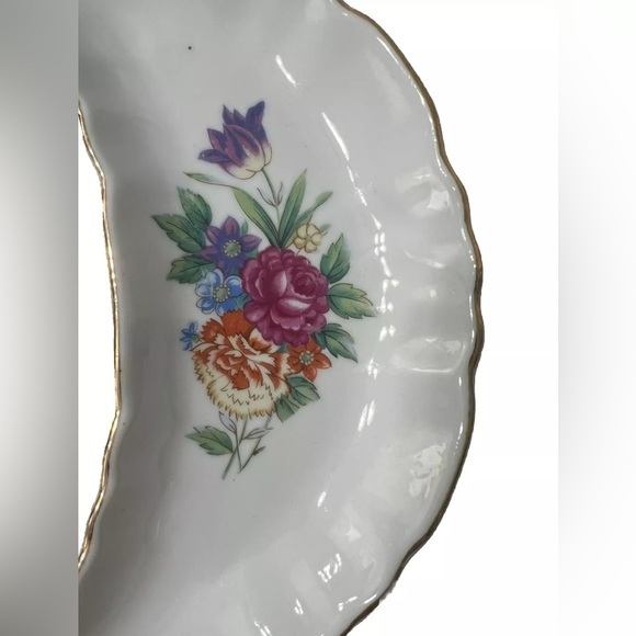Vintage Bone Dish Crescent Moon Set 2 Chadwick Japan MCM Floral Rose Maple Gold - Picture 6 of 10